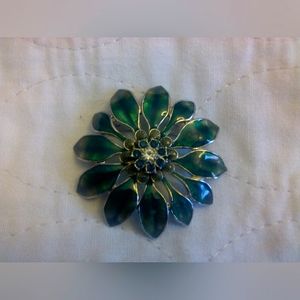 Beautiful Vintage Teal Colored Enamel Flower Brooch